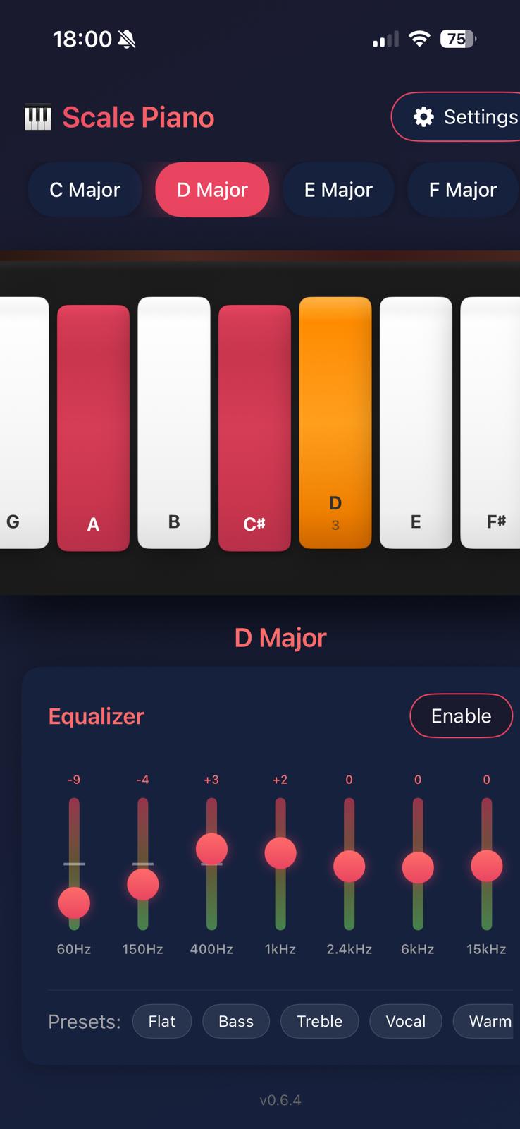 Inkey app showing piano keyboard with D Major scale