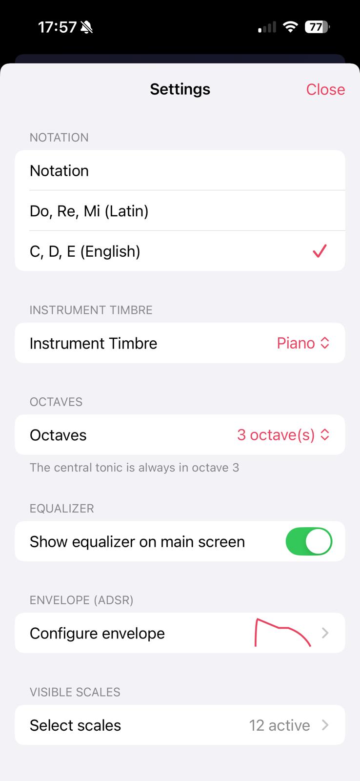 Inkey settings screen
